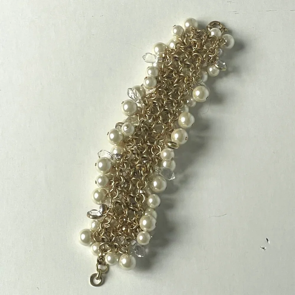 J.Crew Faux Pearl & Crystal Cluster Gold Chain Statement Bracelet